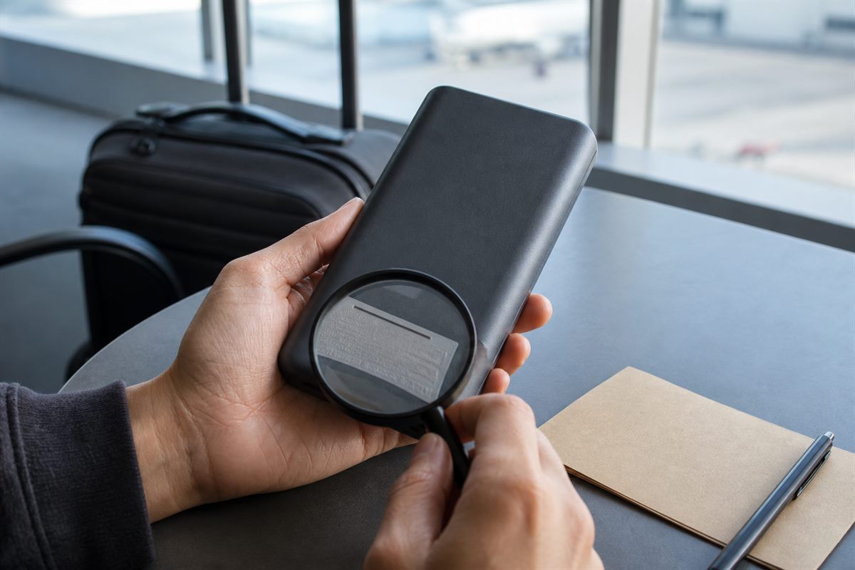 Traveller inspecting an unbranded power bank specification label near the 100Wh boundary