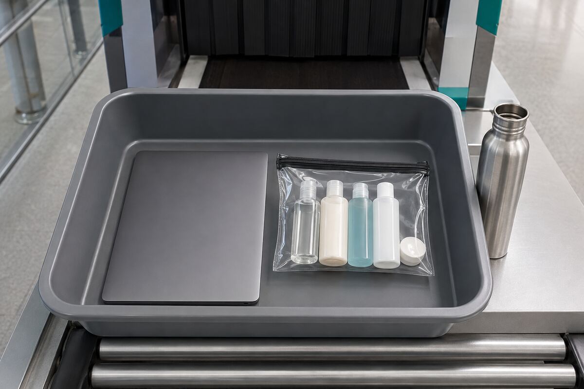 Airport security tray with liquids, laptop and reusable bottle