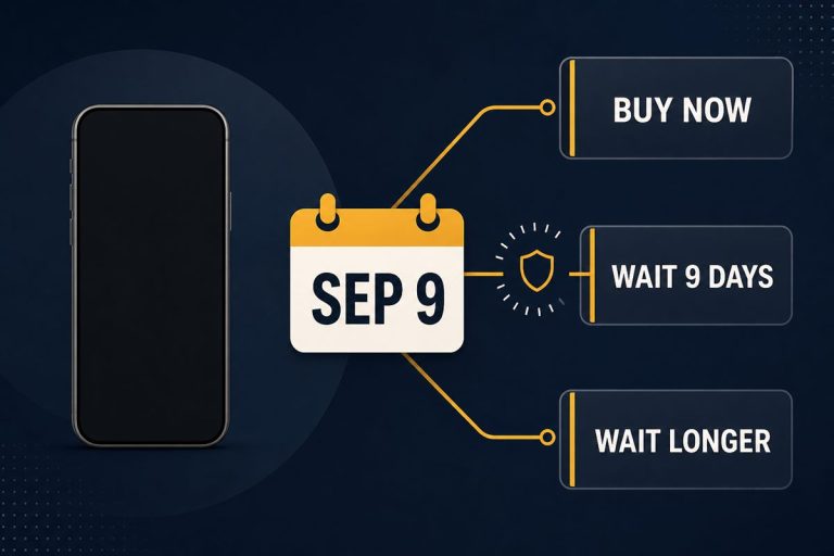 iPhone buy-or-wait decision showing buy now, wait nine days, or wait longer