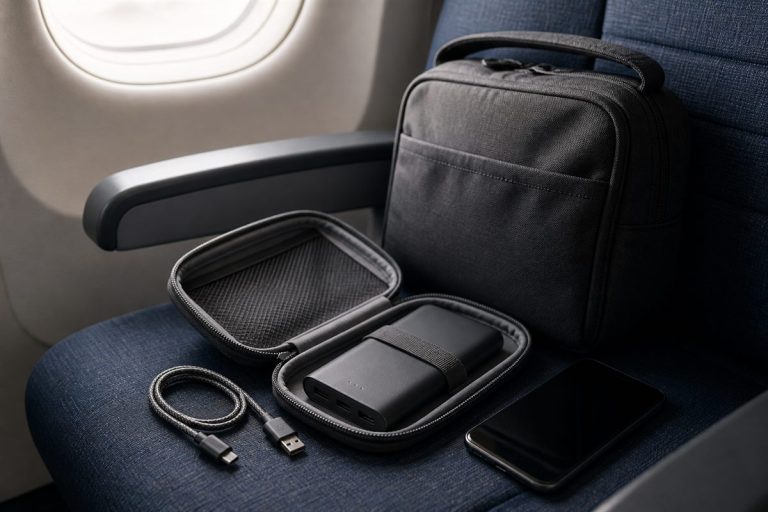 Unbranded power bank protected in a pouch beside cabin hand luggage