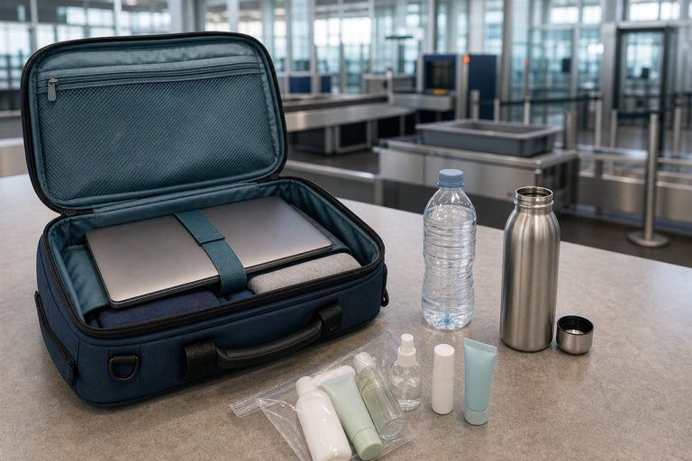 Open cabin bag with laptop, full plastic water bottle and empty metal bottle at airport security