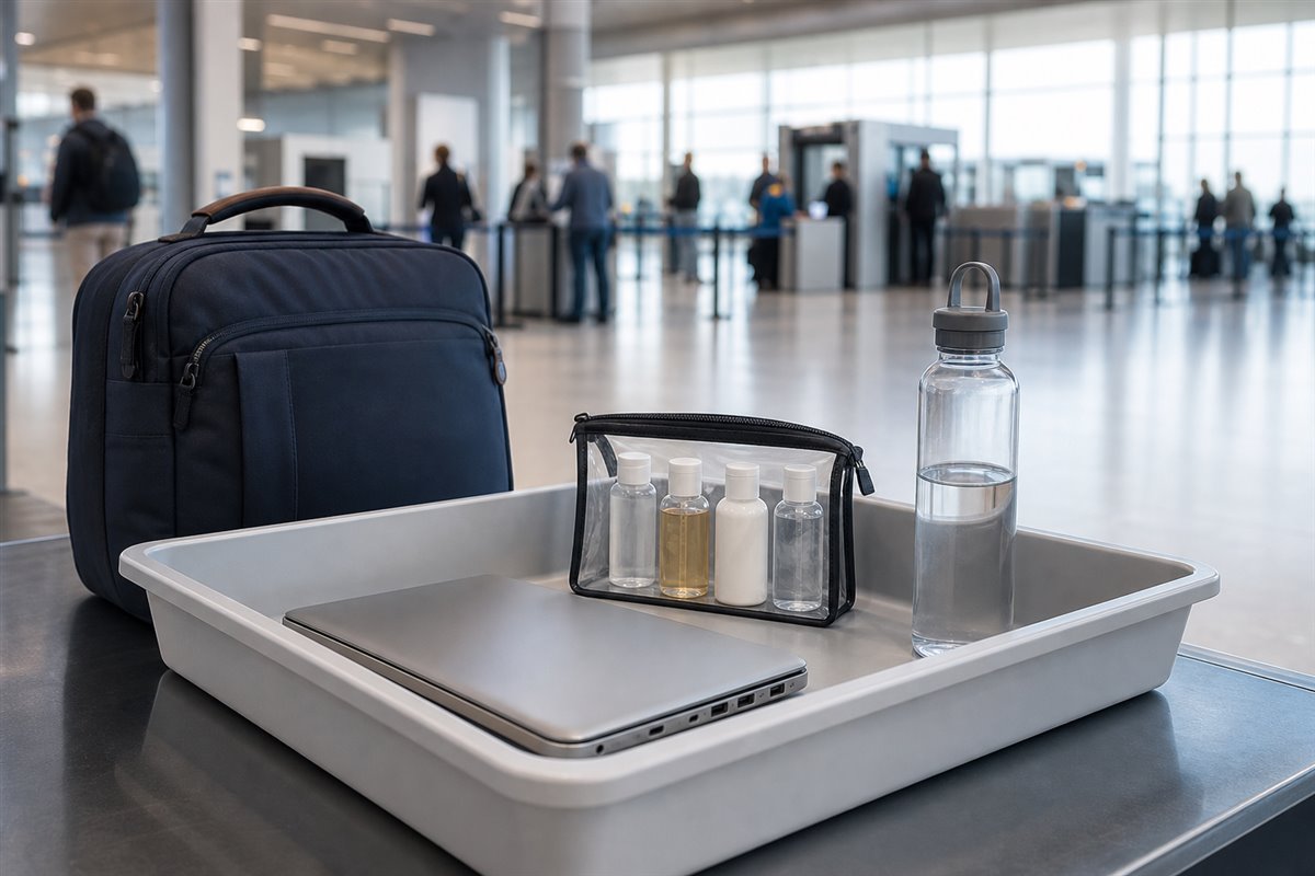 Airport security tray with a laptop, travel-size liquid bottles and cabin bag