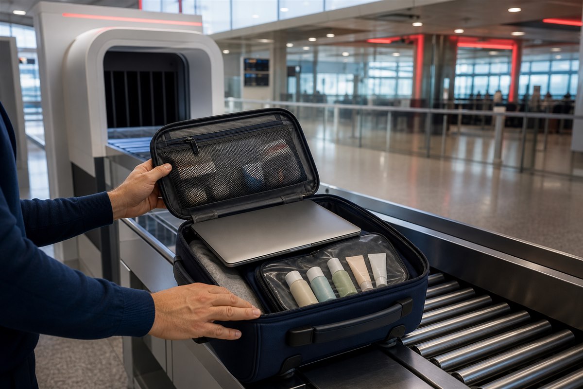 Manchester Airport security tray with travel-size liquids and laptop inside a cabin bag
