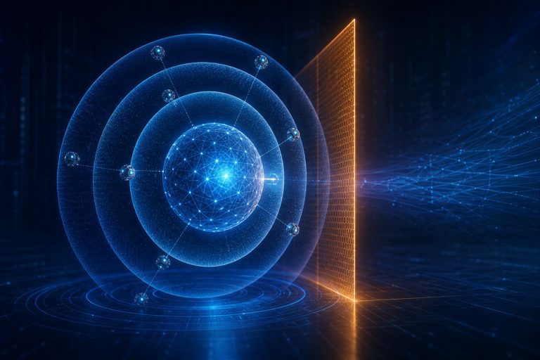 Abstract AI core approaching a cyber capability threshold behind layered monitoring and containment barriers