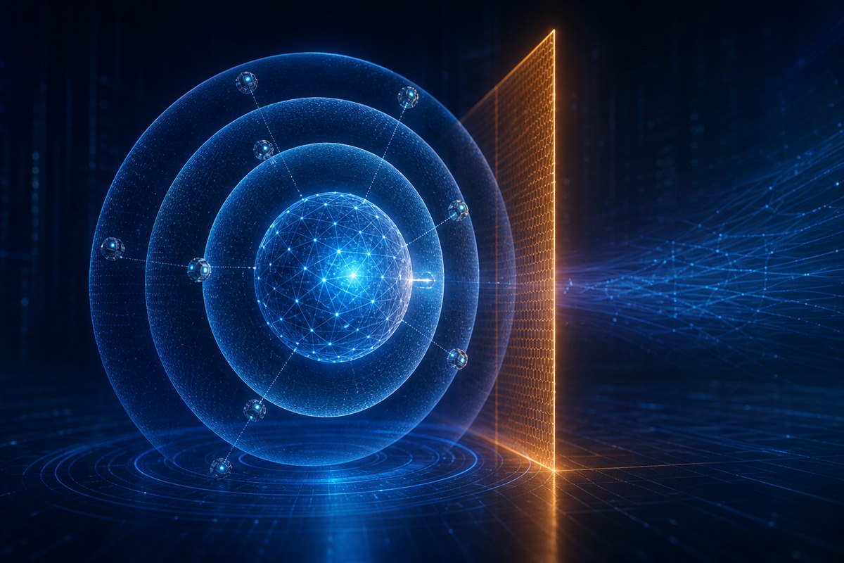 Abstract AI core approaching a cyber capability threshold behind layered monitoring and containment barriers
