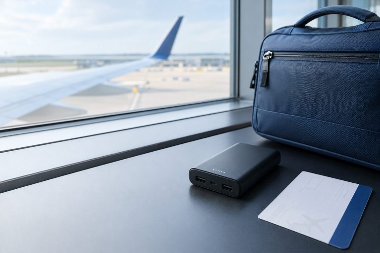 Unbranded power bank beside carry-on luggage at an airport gate