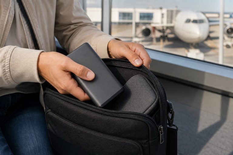 Unbranded 20,000mAh-class power bank being packed into an under-seat cabin bag