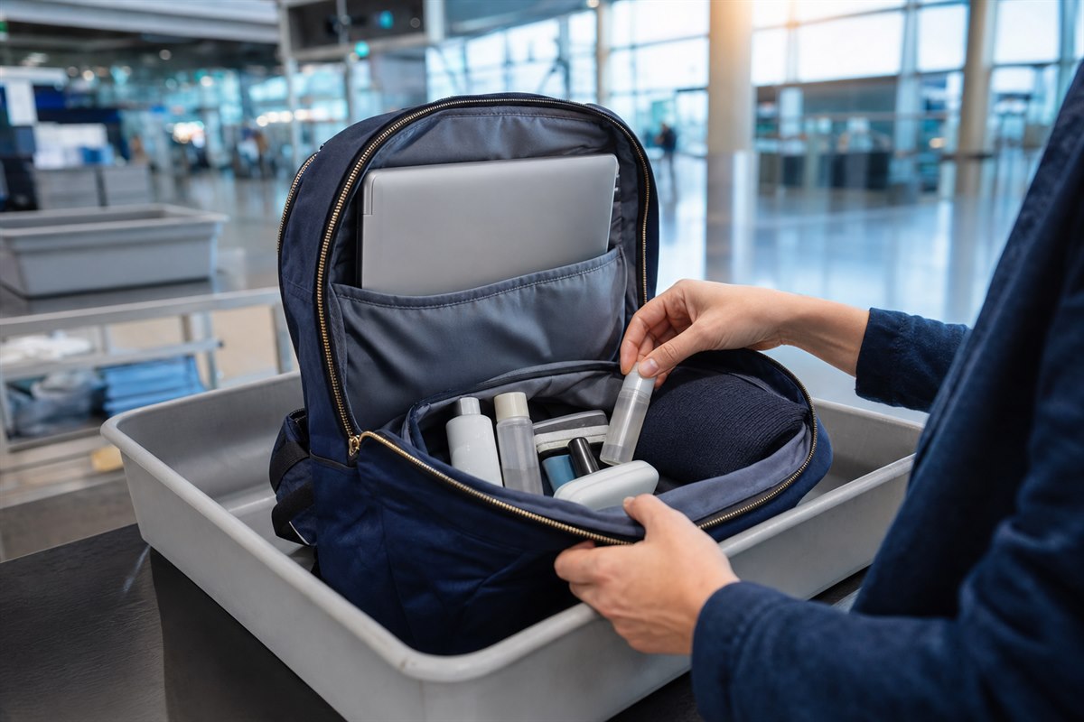 Open cabin backpack with a laptop and small liquid containers inside an airport security tray