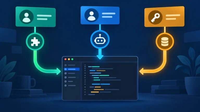 Three AI access and billing routes feeding into a code editor