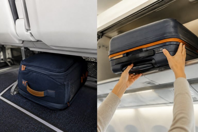 Small cabin bag under an aircraft seat and large cabin bag in an overhead locker