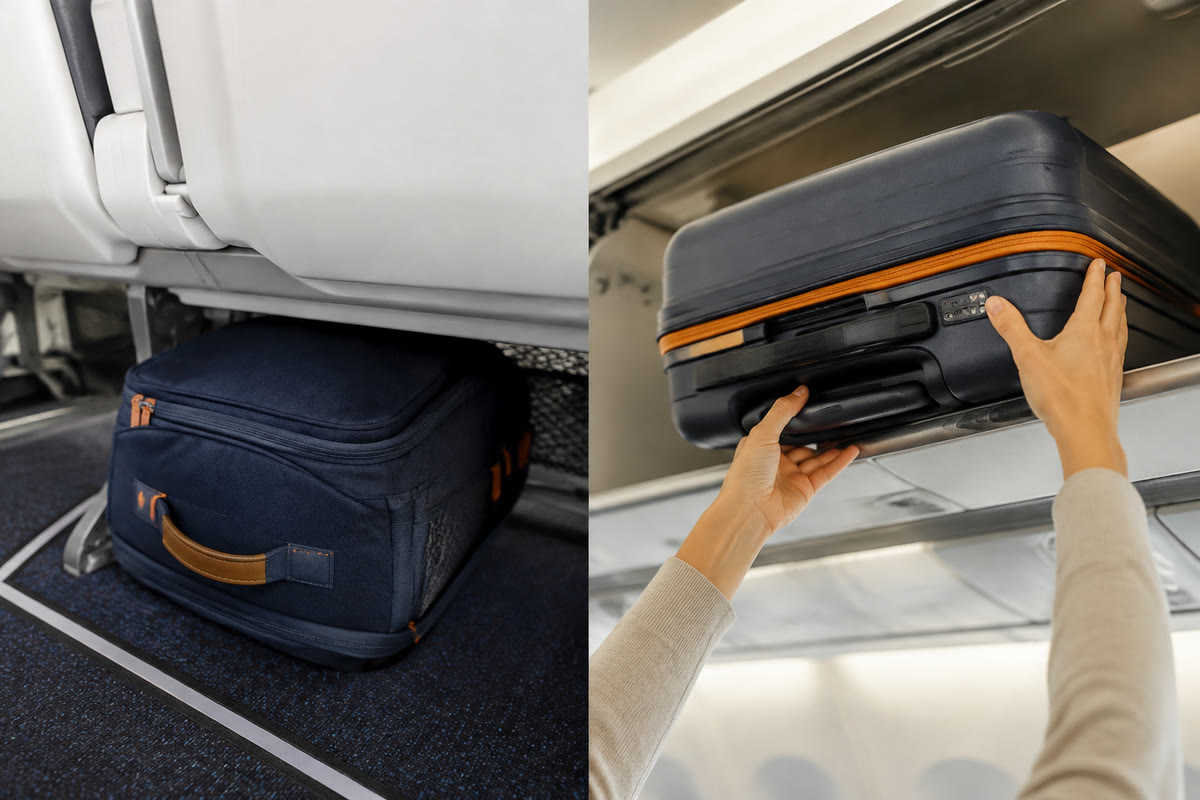 Small cabin bag under an aircraft seat and large cabin bag in an overhead locker