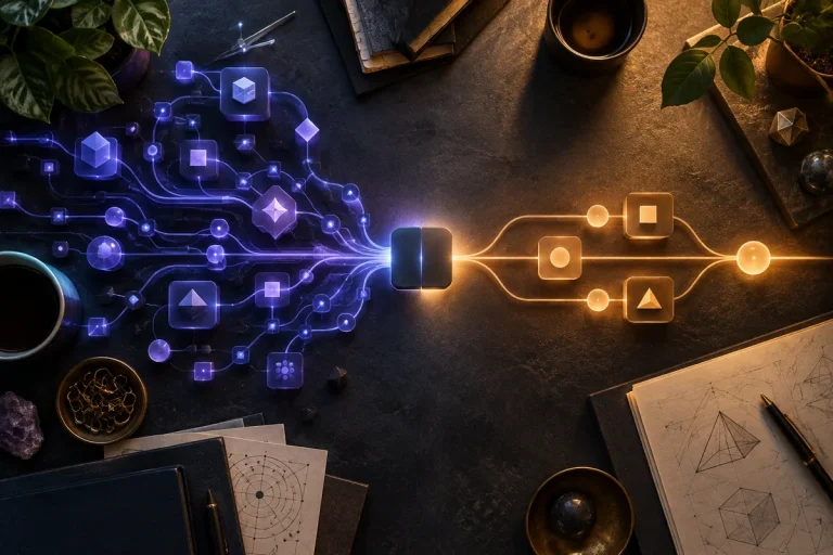 Branching and streamlined coding paths converge, representing Astra quality and Sol efficiency