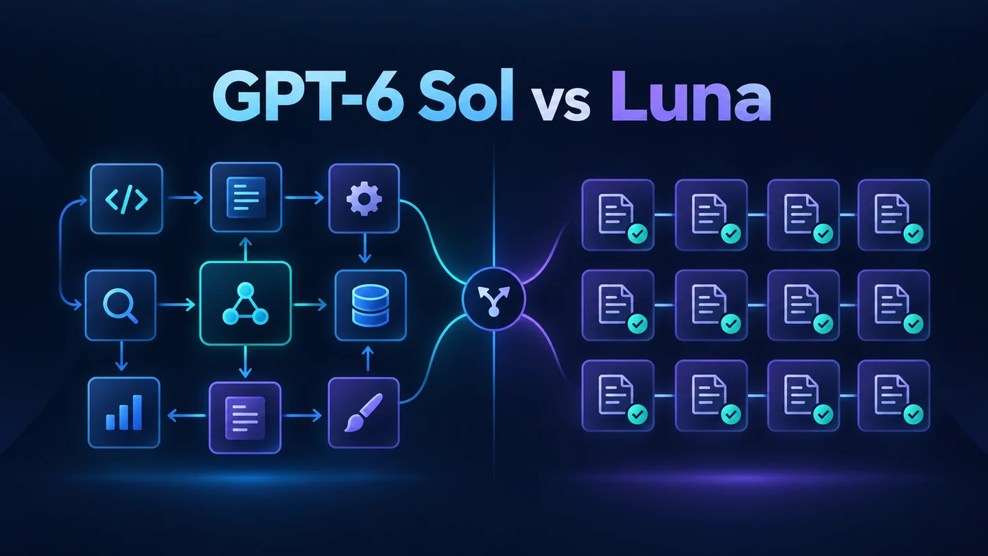 Editorial illustration of branching agentic work for GPT-6 Sol and repeated focused tasks for GPT-6 Luna.