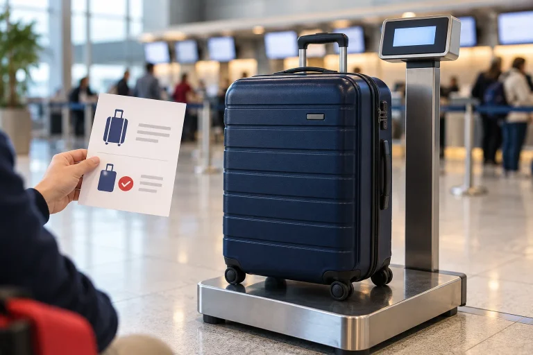 Packed suitcase on an airport luggage scale beside a booking allowance card.