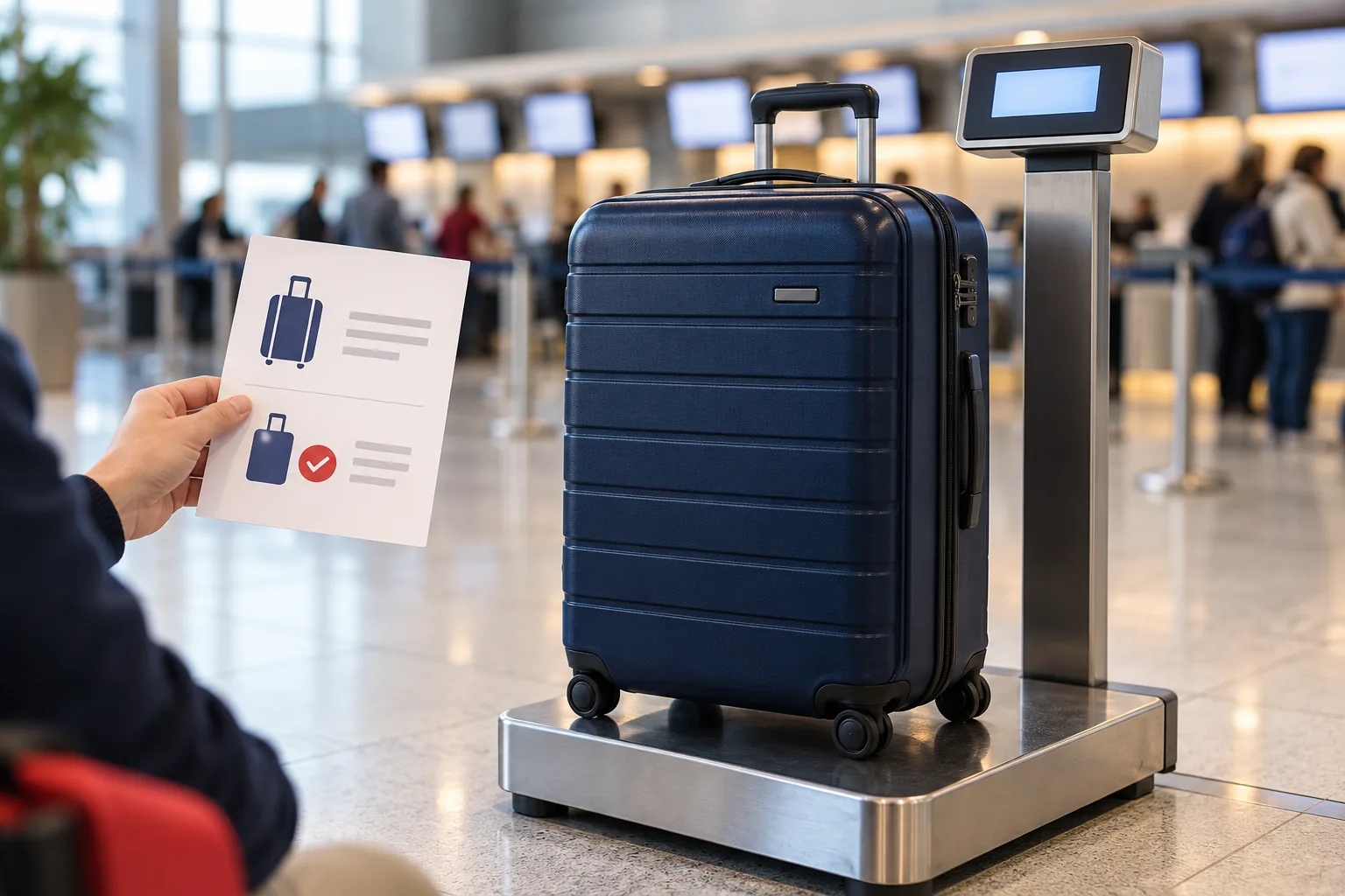 Packed suitcase on an airport luggage scale beside a booking allowance card.