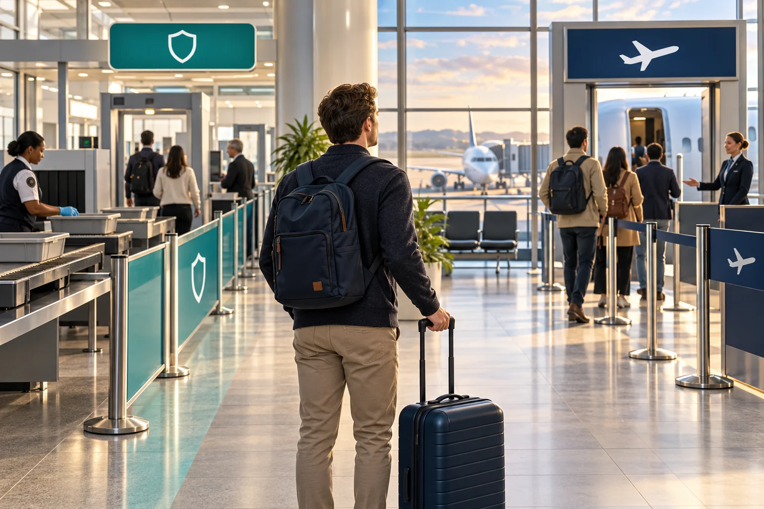 Original illustration of a traveller between a security checkpoint and a separate airline boarding gate, showing two different journey stages.