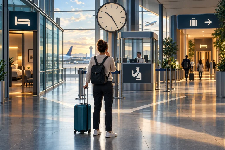 Traveller with cabin bag considering hotel routes beside an airport control booth and a clock.