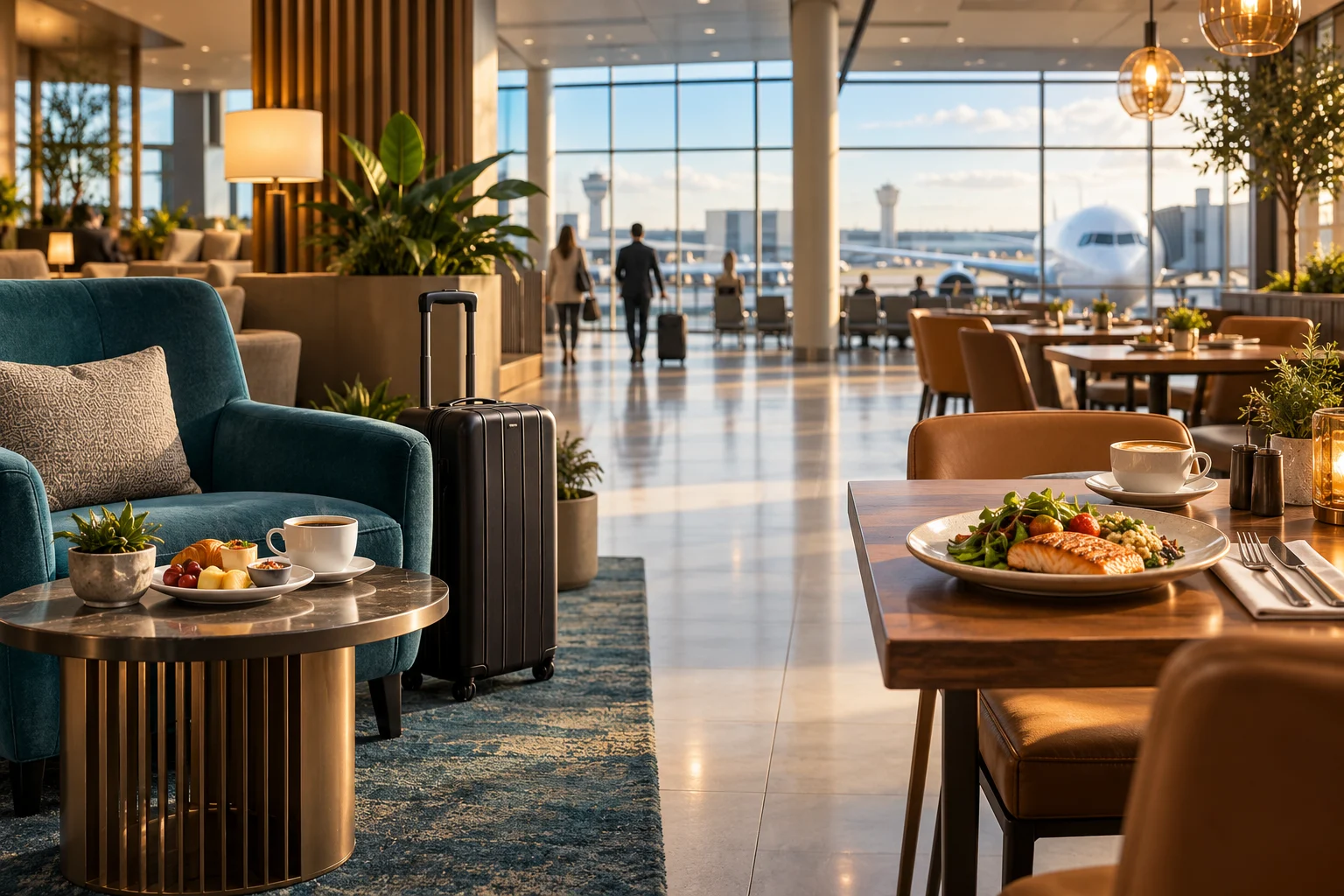 Original illustration of a lounge armchair with refreshments beside an airport restaurant table and meal.
