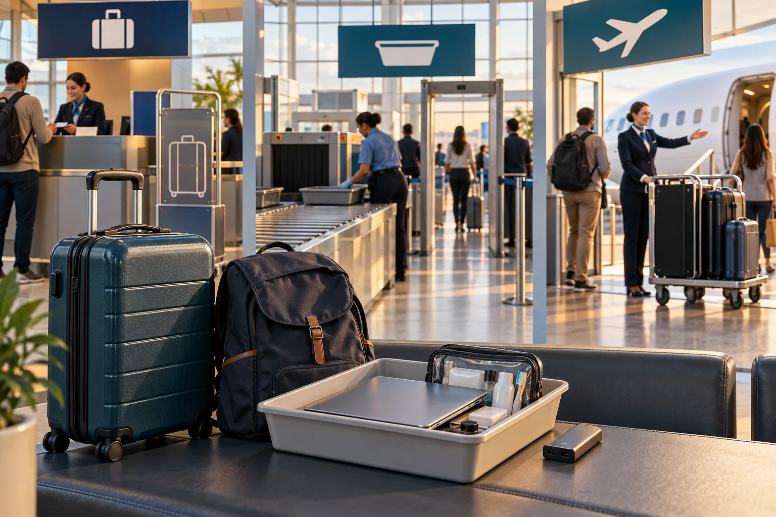 Original illustration of luggage and a power bank beside airline check-in, airport security and a boarding gate.