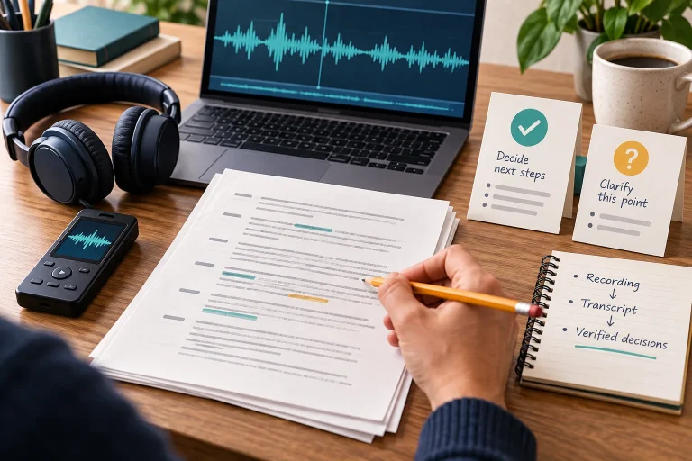 Illustration of a person checking a transcript beside headphones, an audio recorder and waveform, with decision and clarification notes.