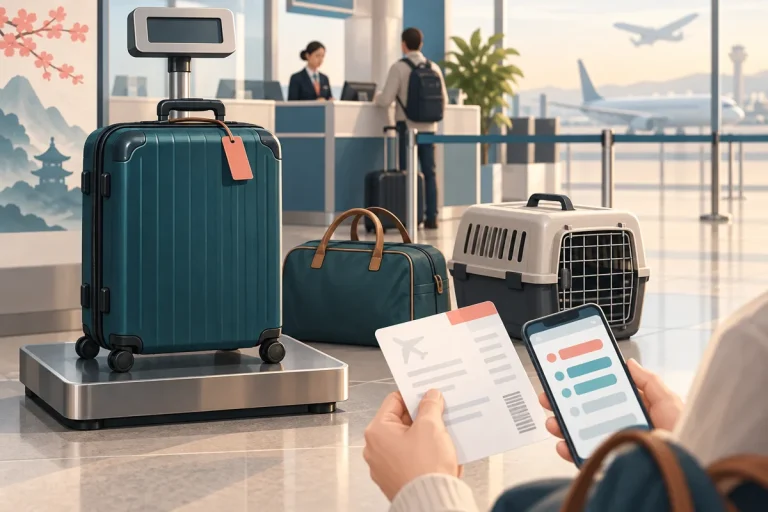 Editorial illustration of a suitcase on an airport luggage scale beside a smaller bag and a pet travel container