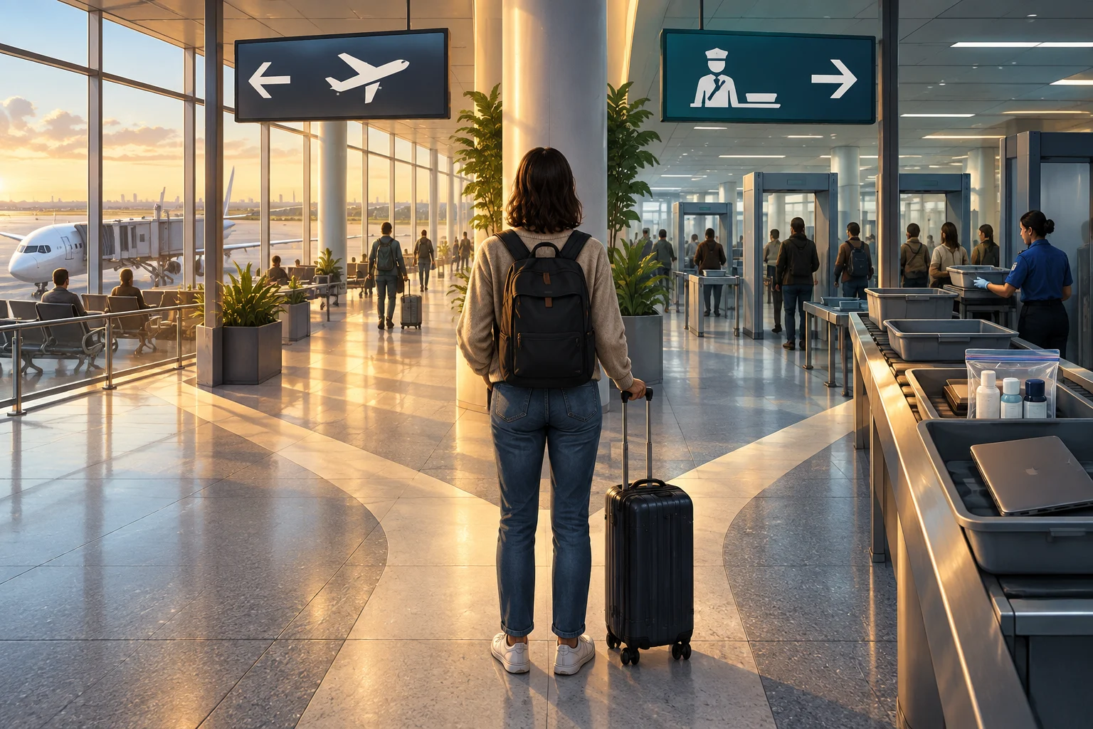 Original illustration of a traveller at an airport fork between onward gates and another security checkpoint.