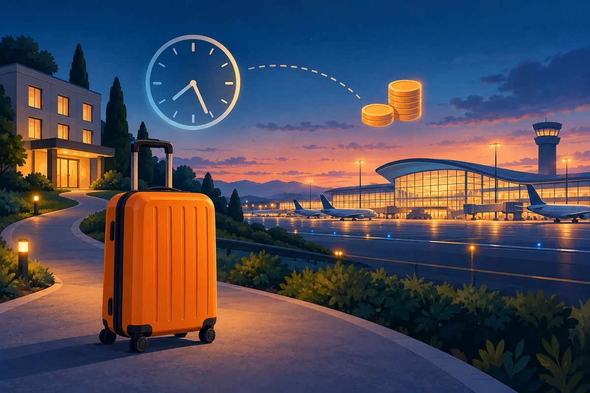 Editorial illustration of an orange suitcase beside a hotel and airport at twilight, with a clock and coins.