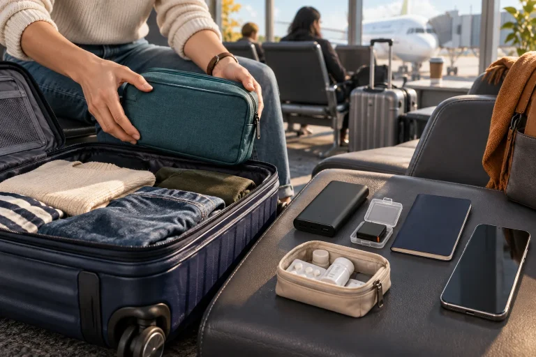 Traveller lifting an essentials pouch from a roller suitcase, with a power bank, protected spare battery, documents, medicine pouch and phone kept separately.