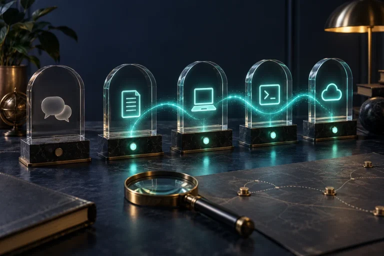 Five glass portals for Chat, Work, desktop, CLI and API, with a signal passing through eligible routes