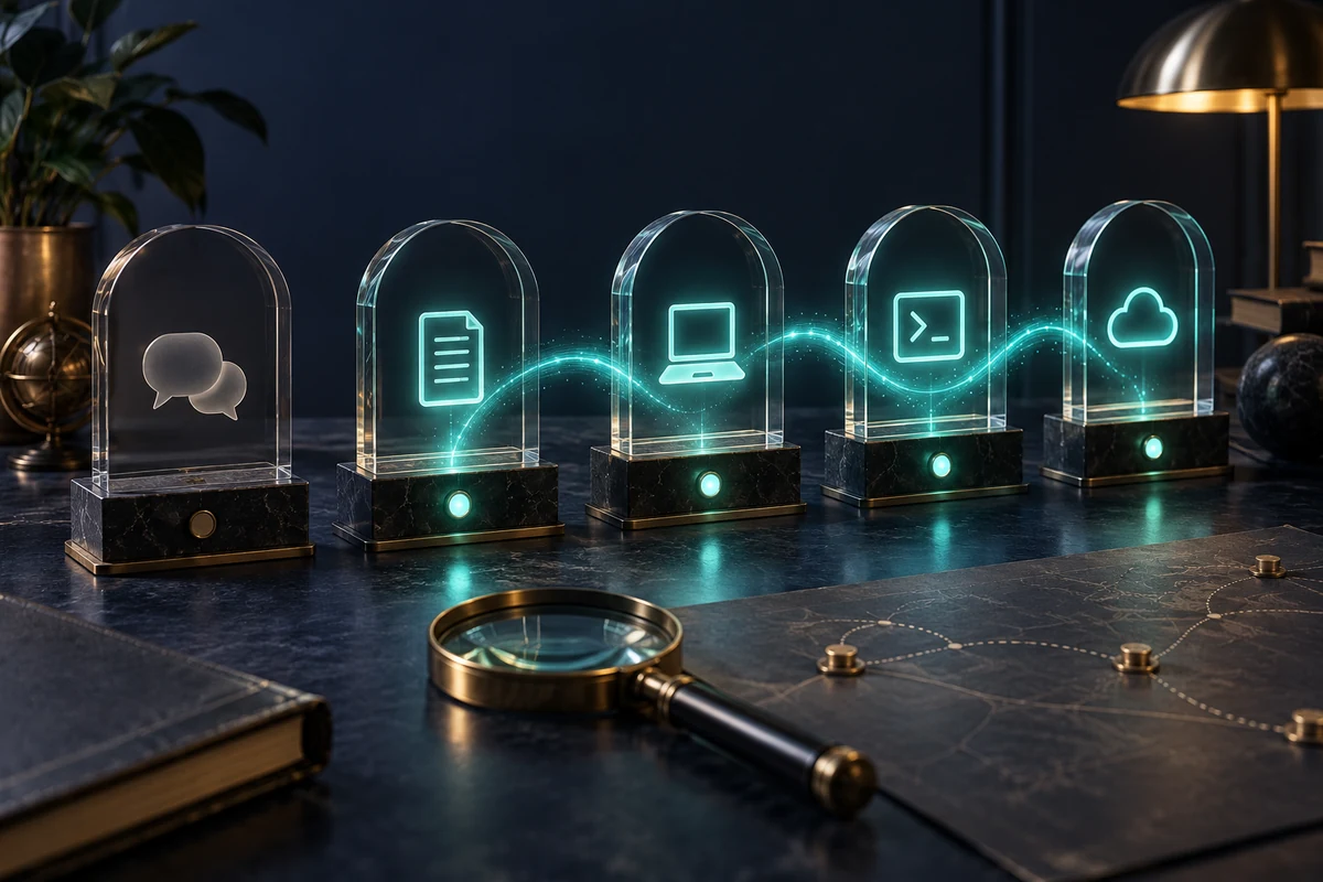 Five glass portals for Chat, Work, desktop, CLI and API, with a signal passing through eligible routes