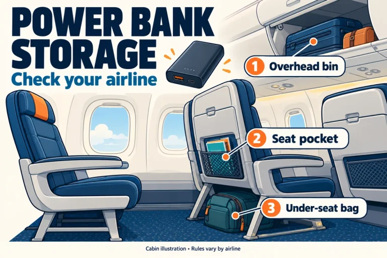 Cabin illustration labelling an overhead bin, seat pocket and under-seat bag, with a reminder to check the airline’s power bank rules.