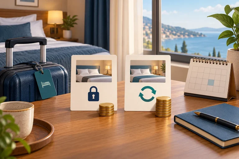 Two hotel booking cards with a lock and a flexible cancellation symbol beside coins, a calendar and a suitcase