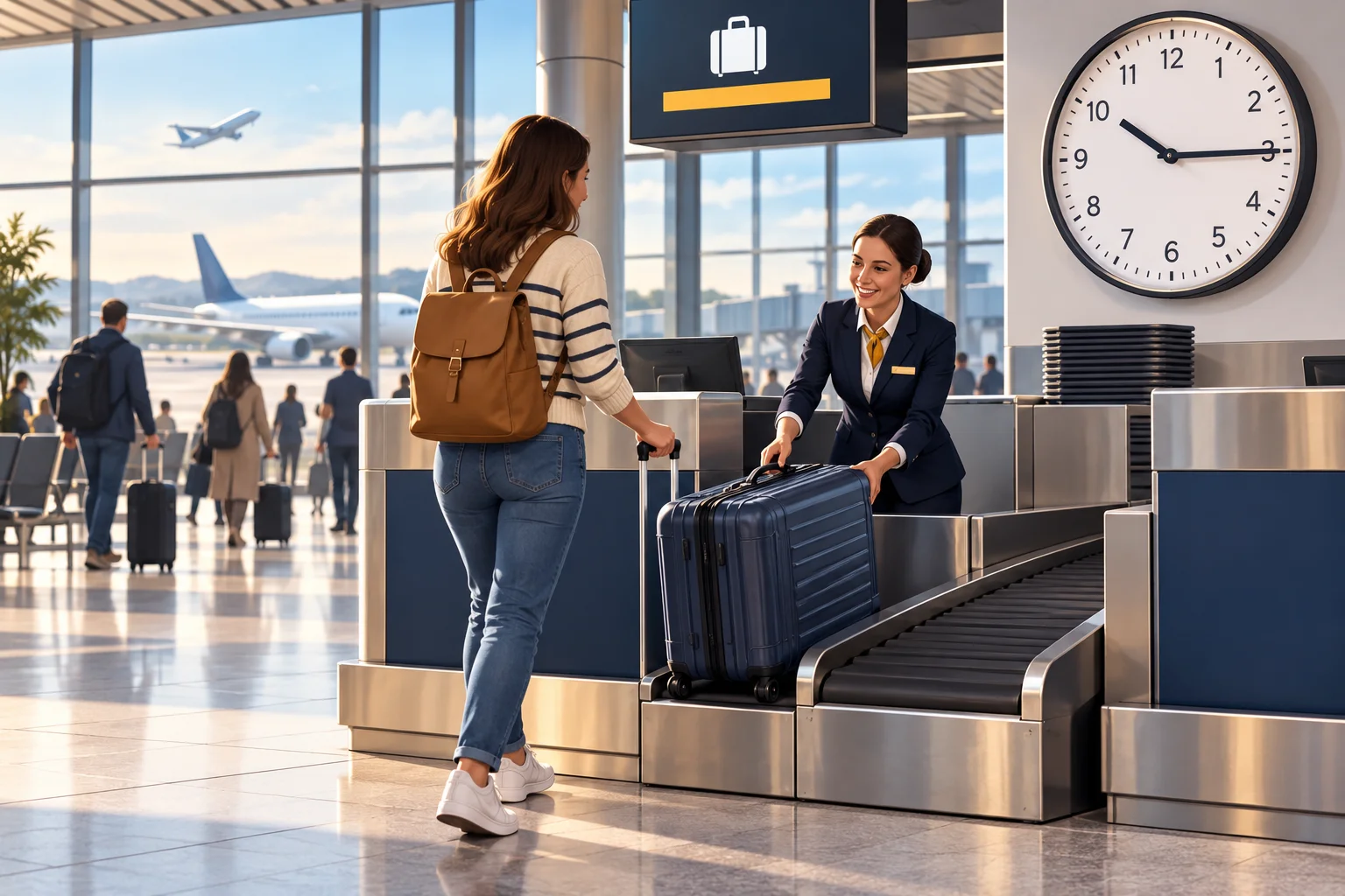 Original illustration of a traveller handing a suitcase to an airport bag-drop agent beneath a clock.