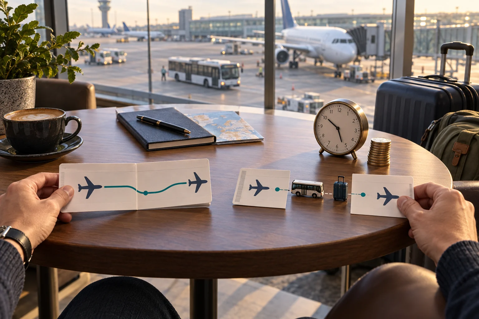 Original illustration comparing one linked flight itinerary with separate tickets bridged by luggage and a shuttle, beside a clock and coins.