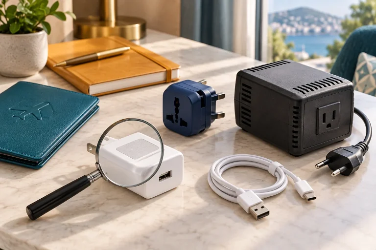 Disconnected charger, plug adapter and voltage transformer with a magnifying glass on a travel desk.