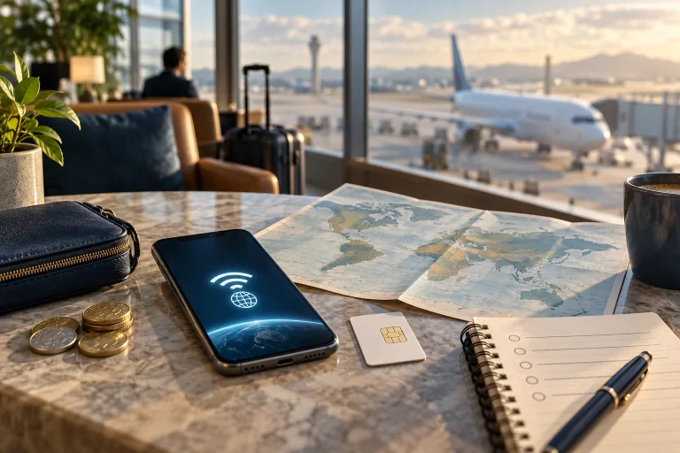 Conceptual travel connectivity planning scene with a smartphone, chip symbol card, map, notebook and coins on an airport lounge table.