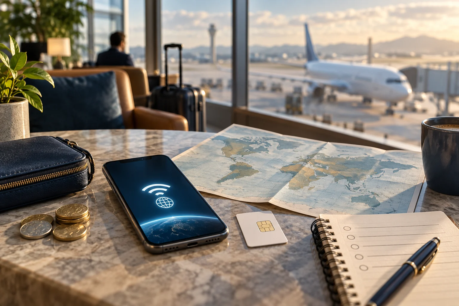 Conceptual travel connectivity planning scene with a smartphone, chip symbol card, map, notebook and coins on an airport lounge table.