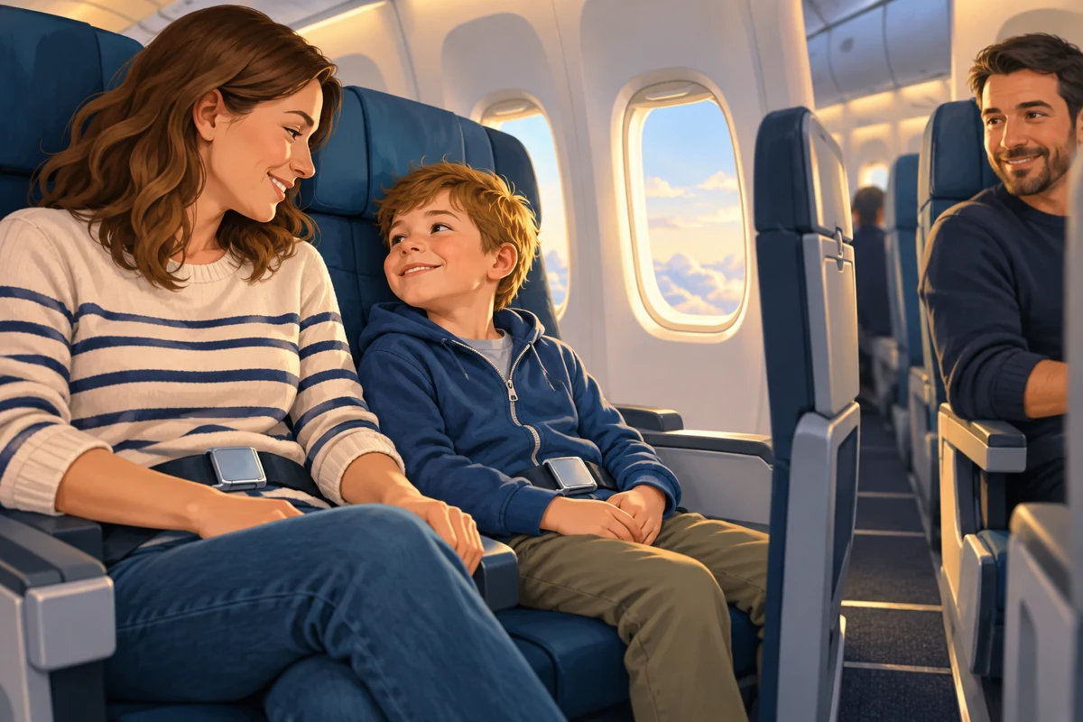Illustration of a parent and child seated beside each other in an unbranded aircraft cabin.