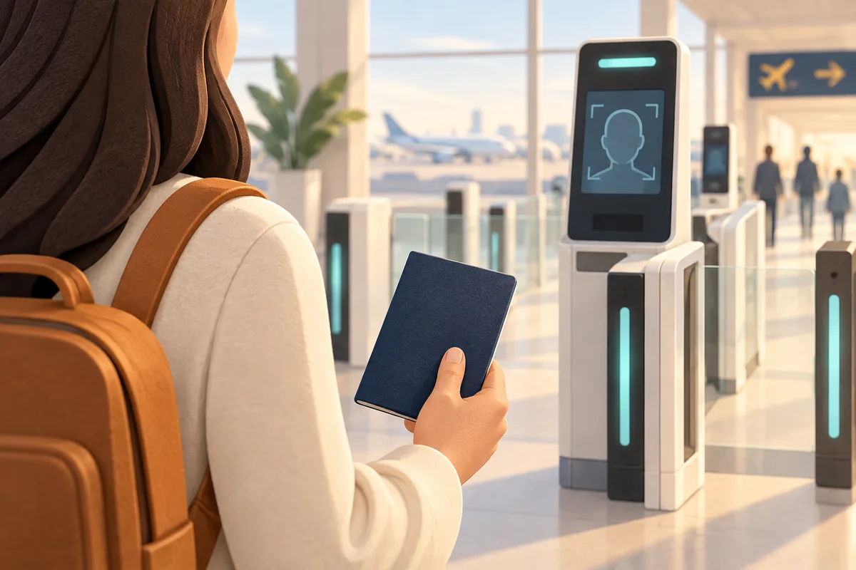 Editorial illustration of a traveller holding a passport beside a generic contactless border gate